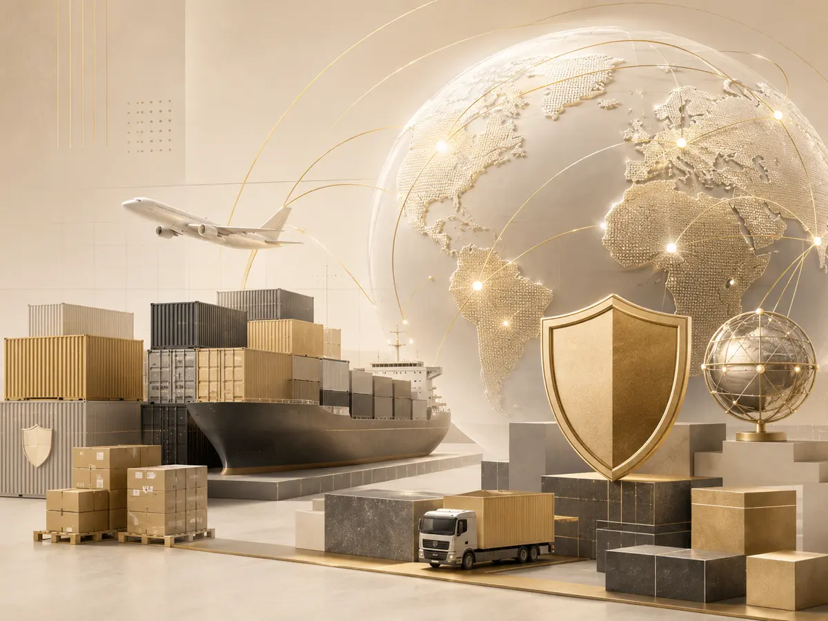 Illustrazione stilizzata di logistica globale e sicurezza