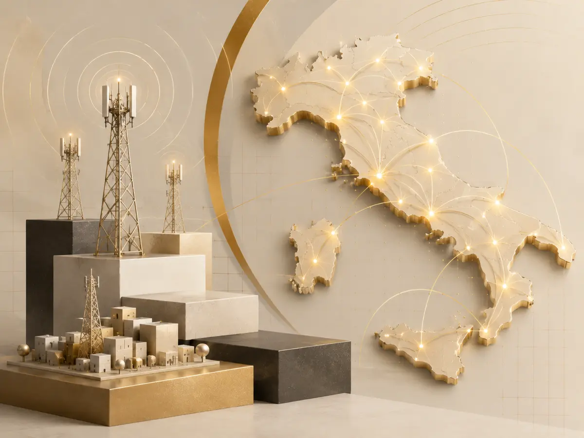Illustrazione stilizzata di rete telecom e crescita nazionale